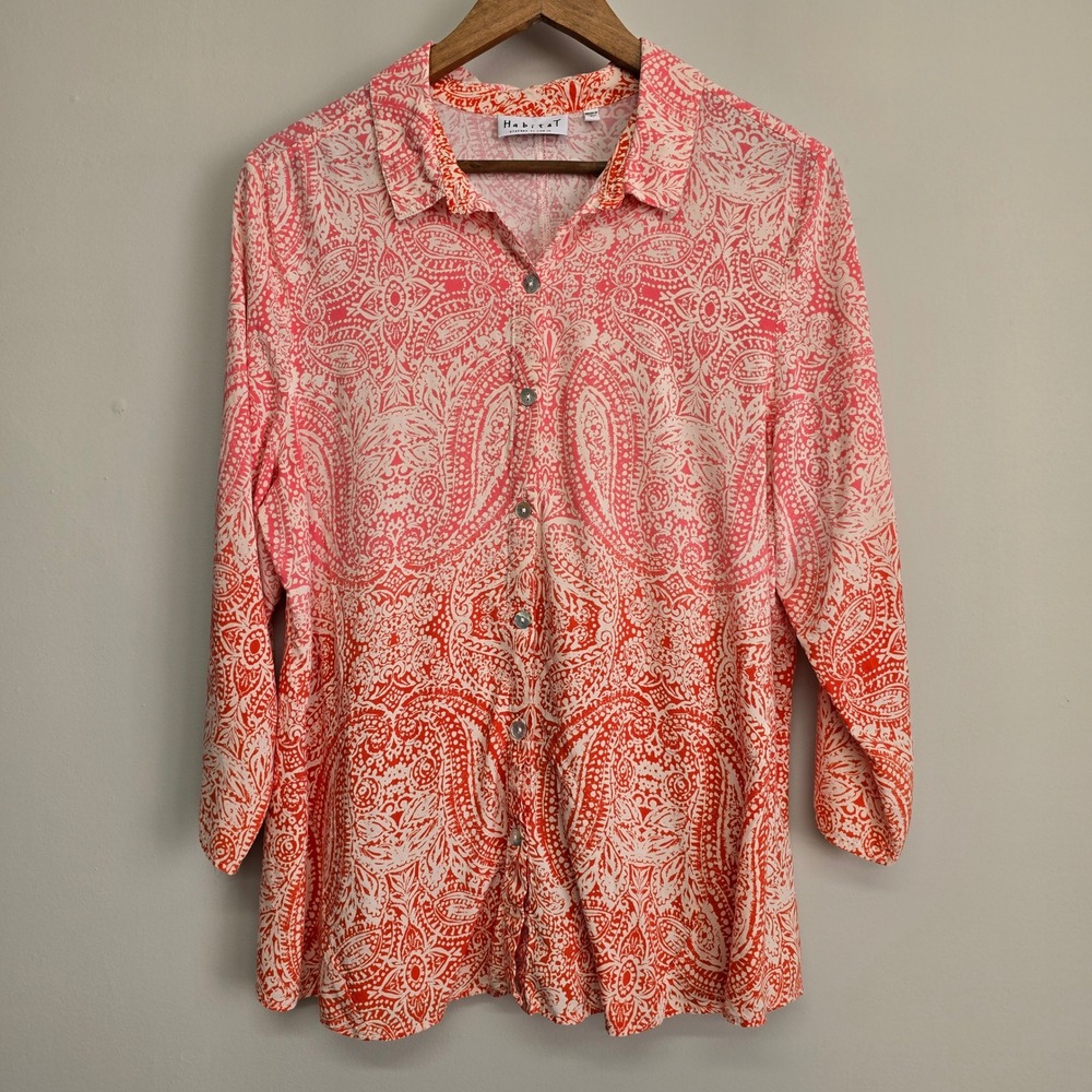 Habitat Paisley Ombre Blouse Womens XL Orange Pink 3/4 Sleeve Boho Button Front